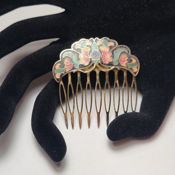 Accessories - Vintage Enamel Brass Hair Comb – Ornate Floral Design